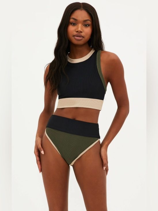 Beach Riot Other - Beach Riot Gwen Colorblock Ribbed Crop Bikini Top Black Olive Tan Gym Beach XS